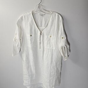 Company Ellen Tracy White 100% Linen Shirt 3/4 Sleeve Gold Hardware Size Medium
